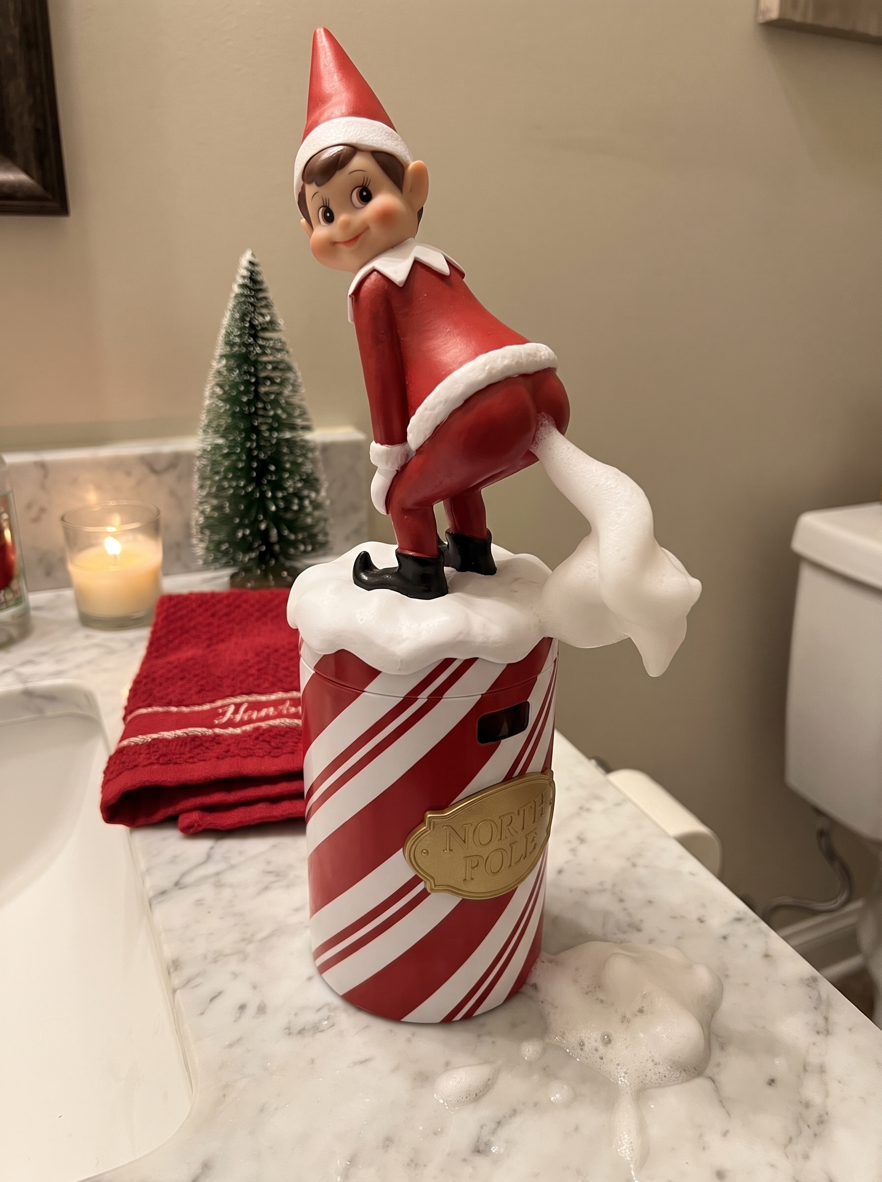 Customer photo of the Cheeky Elf Soap Dispenser in a bathroom