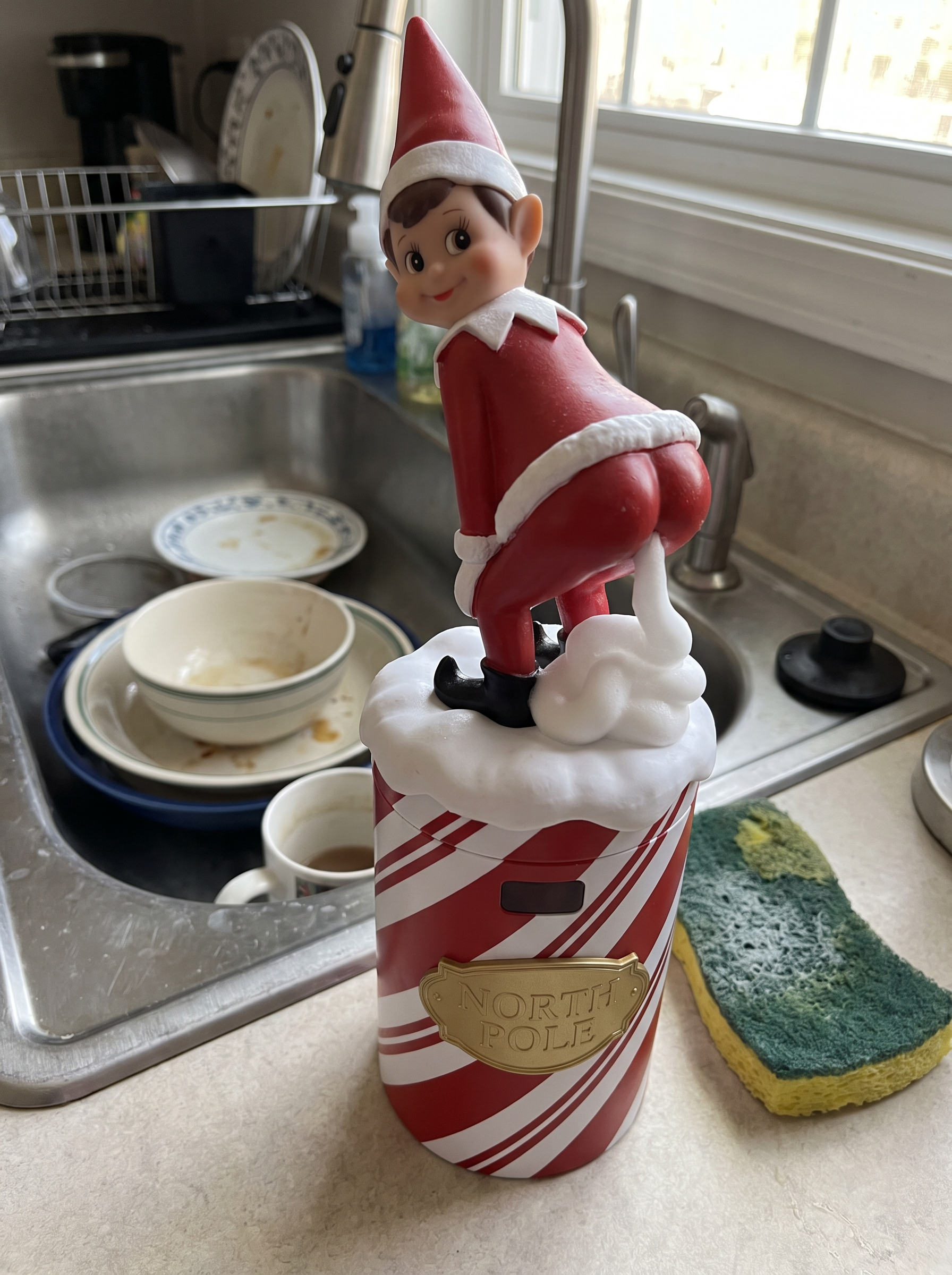 Customer photo of the Cheeky Elf Soap Dispenser by a kitchen sink