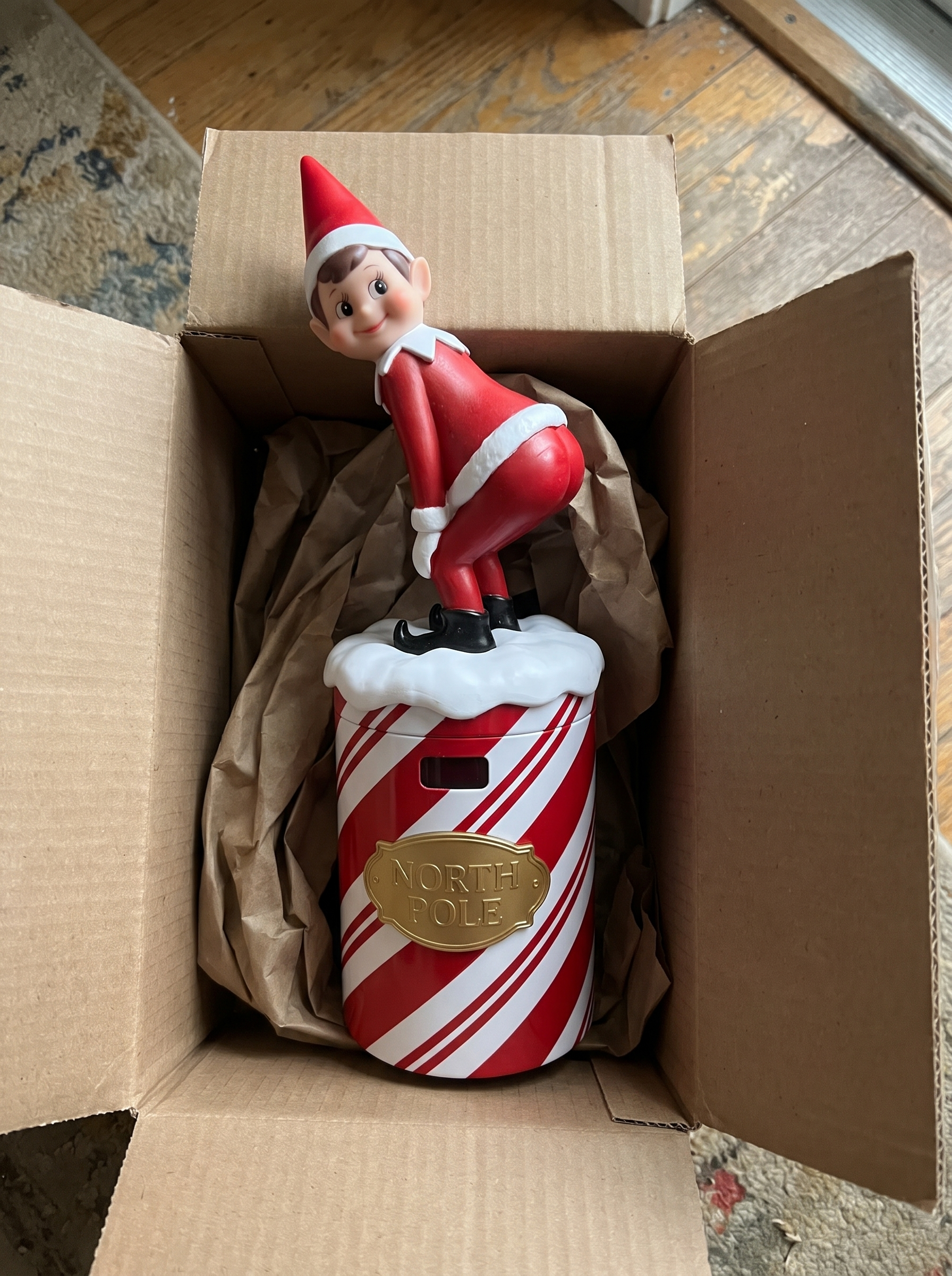Customer photo of the Cheeky Elf Soap Dispenser unboxed